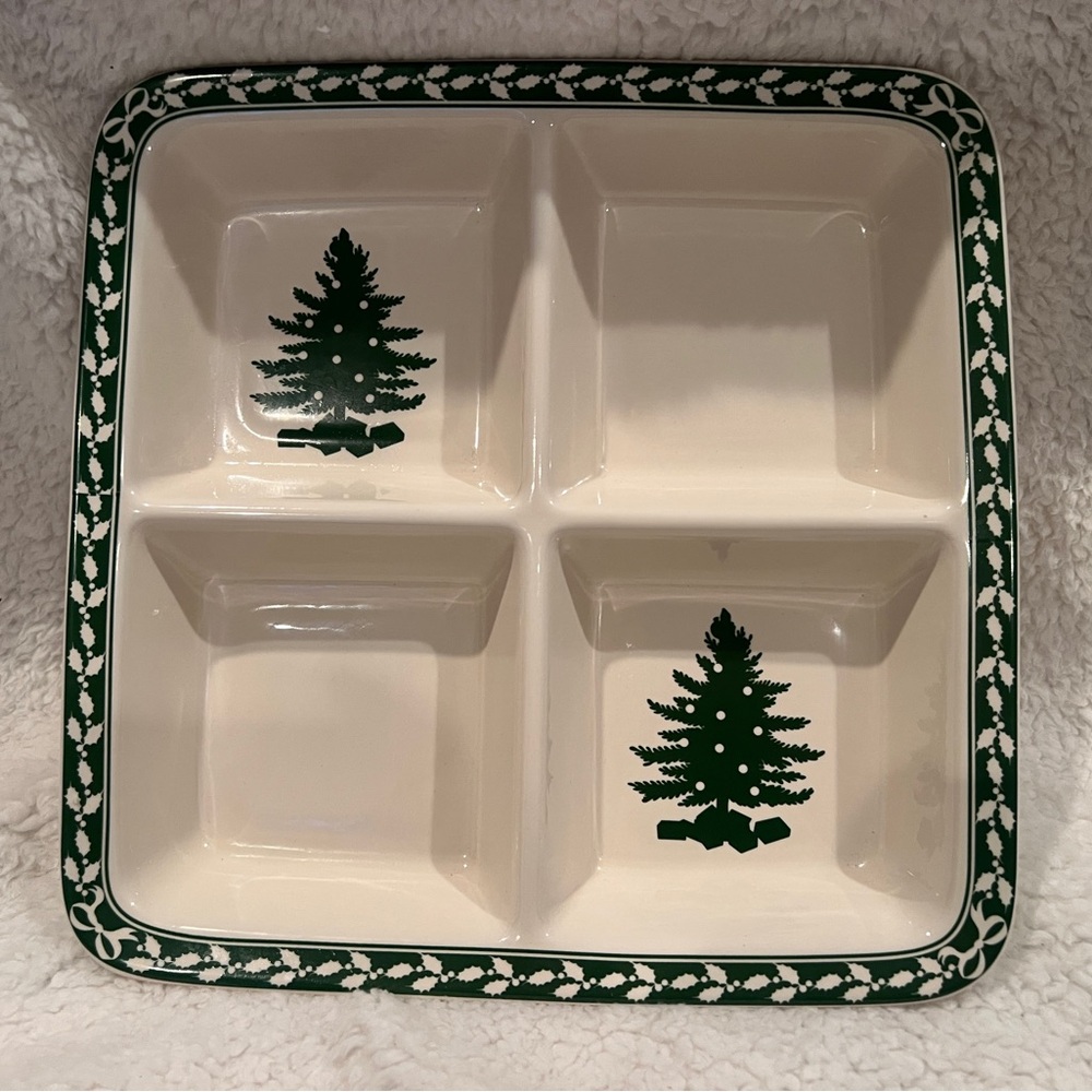 Spode Evergreen Christmas Tree Square, 4 Section serving dish, excellent!